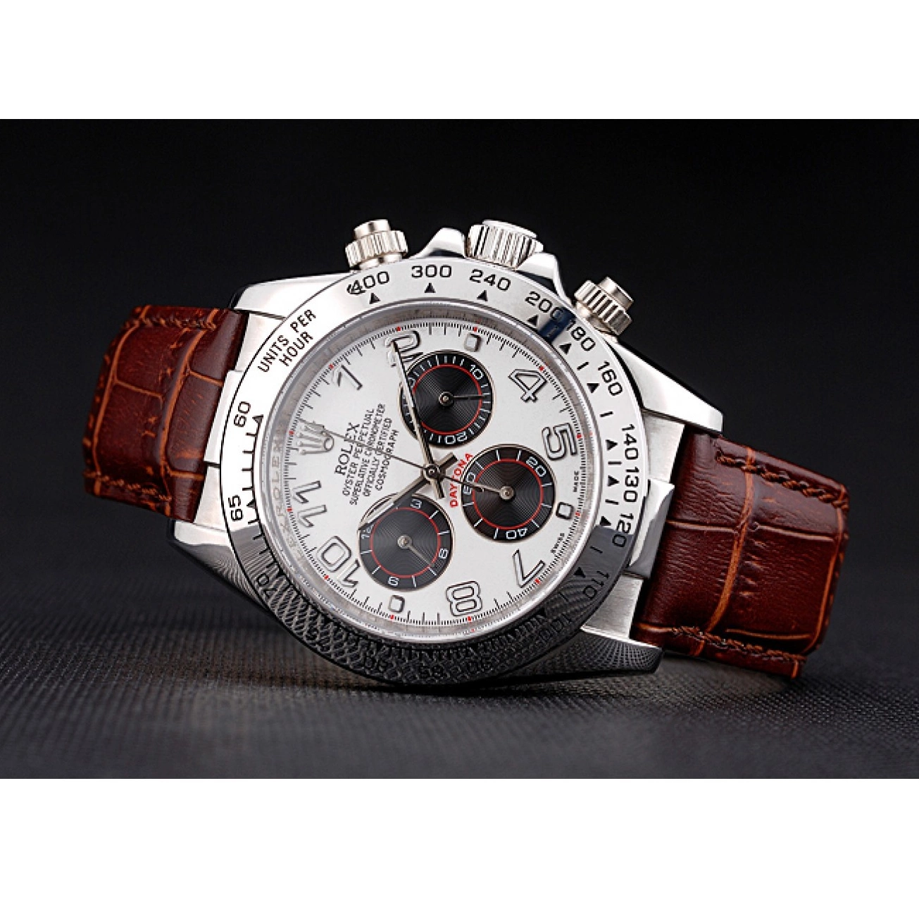 Rolex copies cheap Case Brown Steel Leather Dial Daytona Rolex Stainless Strap White 0616